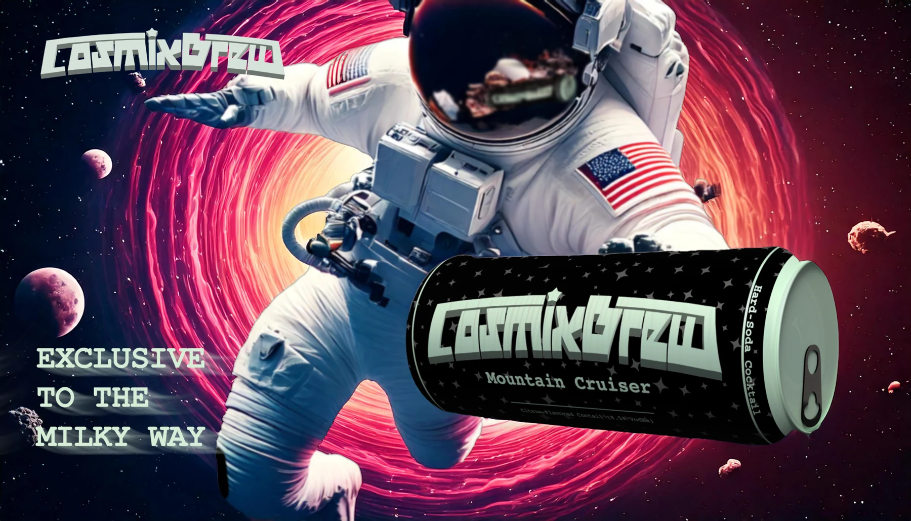 Original campaign composite of an astronaut reaching toward a CosmixBrew can