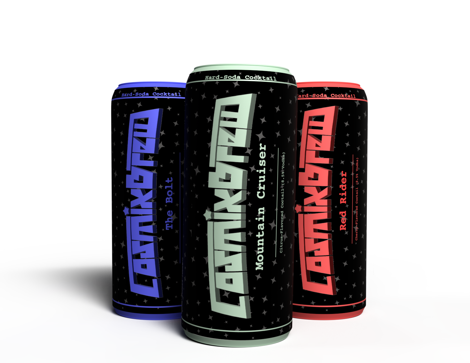 Three original black CosmixBrew cans with violet, mint and red labels