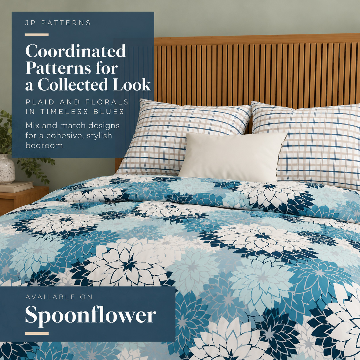 Coordinated blue floral and plaid bedding advertisement