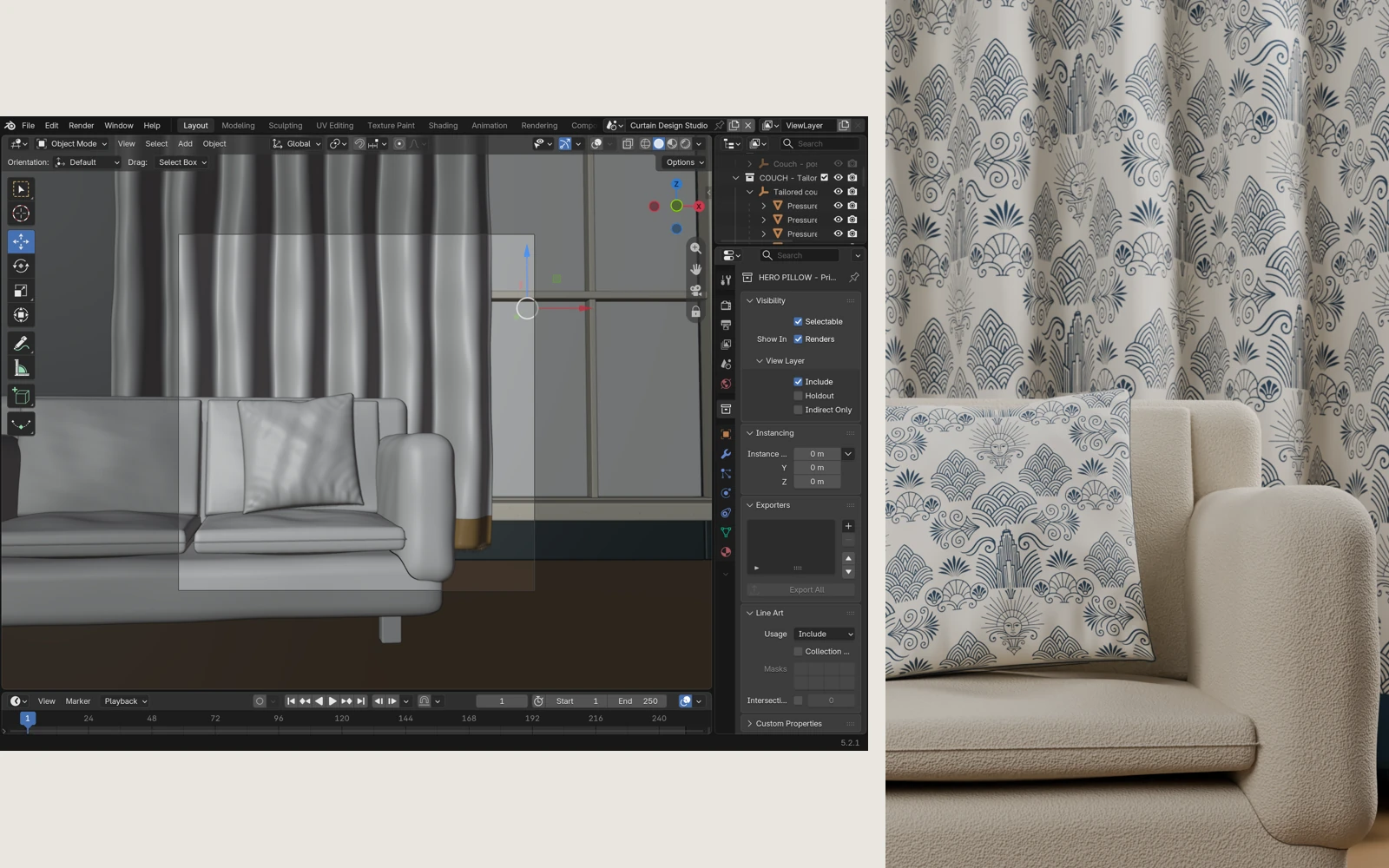 Blender couch and curtain setup beside the finished patterned scene