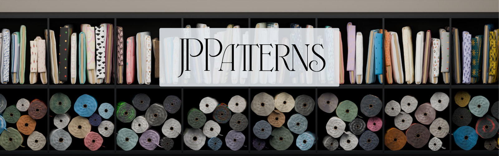 JP Patterns logo set against shelves of fabric